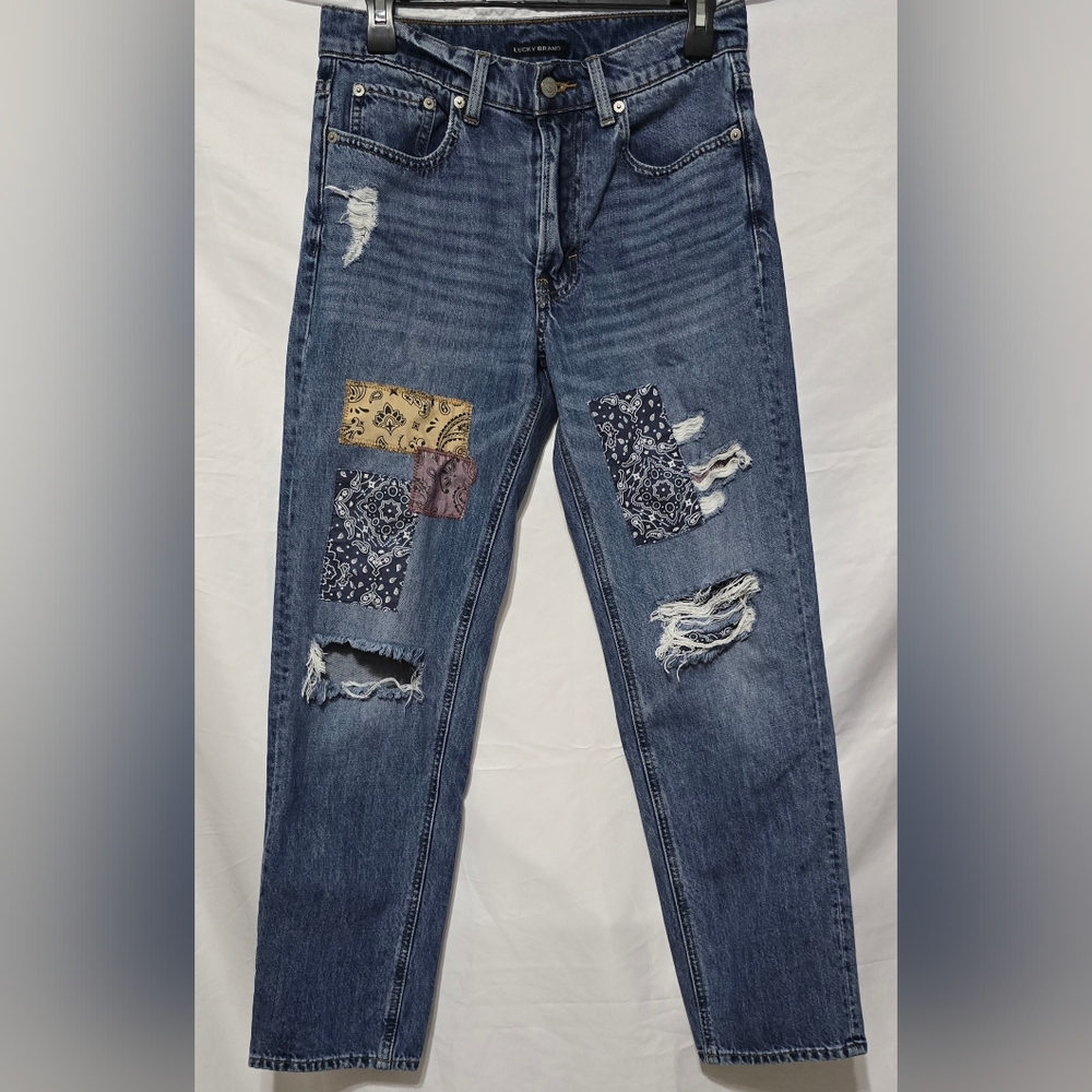 Lucky Brand Mid Rise Boy Patchwork Straight Leg Jeans 4/27